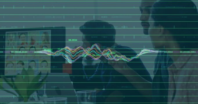 HR team leaning forward as presenter gesturing, reviewing headshots as waveform gridlines animating