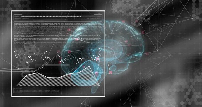 Hologram brain rotating as data driving HUD waveform, hatched graph and markers pulsing for health