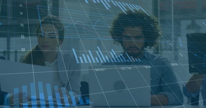 On data refresh colleagues typing on laptops while translucent 3D charts sweeping across for review