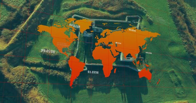 On playback orange map centering over fortress, fading in, revealing numeric labels for mapping