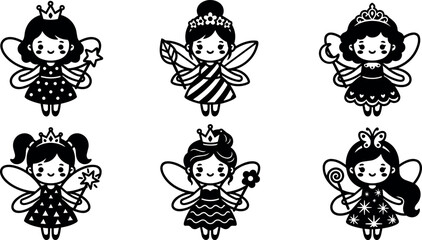 Obraz premium Six cute fairy characters in black and white line art