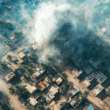Detailed analysis of a drone's targeting and bombardment in conflict zones. Modern graphics. Intense drone footage capturing a high-stakes air strike at dawn. Neon poster. Graphic poster.
