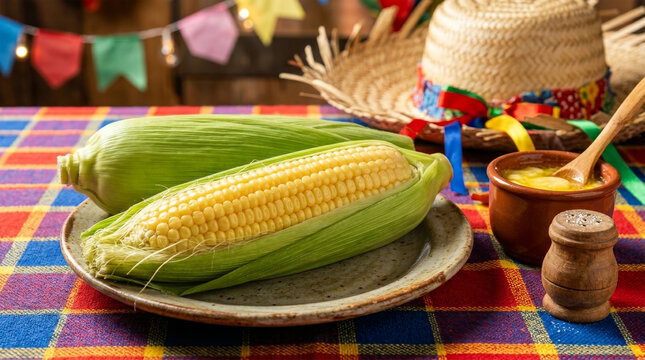Milho verde cozido com manteiga em mesa tem&aacute;tica de Festa Junina com chap&eacute;u de palha e bandeirinhas ao fundo