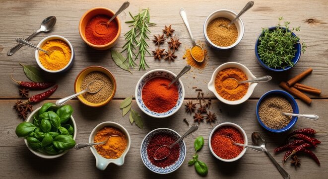 Colorful assortment of spices and herbs in small bowls on a wooden surface, culinary ingredients.