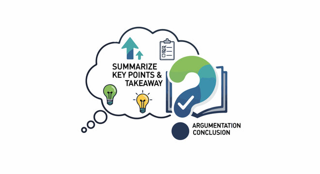 A thought bubble visualizes summarizing key points with ideas and a checklist, leading to a book