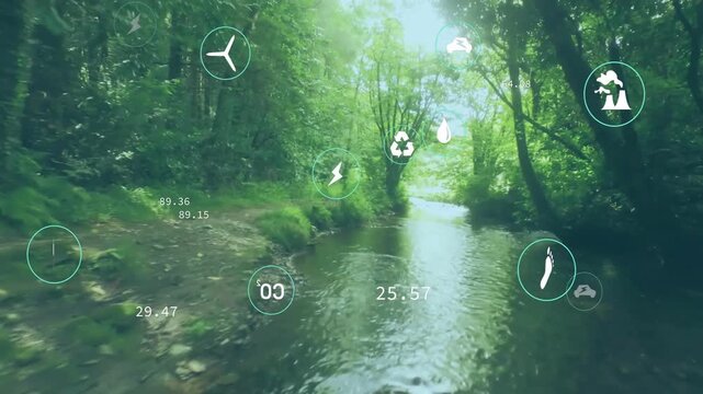 Stream flowing forest, camera moving downstream, HUD icons overlaying and updating energy metrics
