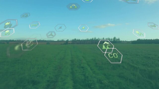 Aerial camera moving over farmland, sensors detecting data, projecting hex icons mapping CO2, wind