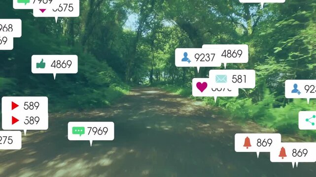 Camera moving along forest trail, social media notifications hearts spawning, fading, clearing path