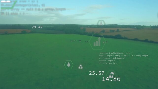 Drone camera starting scan over pasture hexagon AR icons floating and merging highlighting CO2