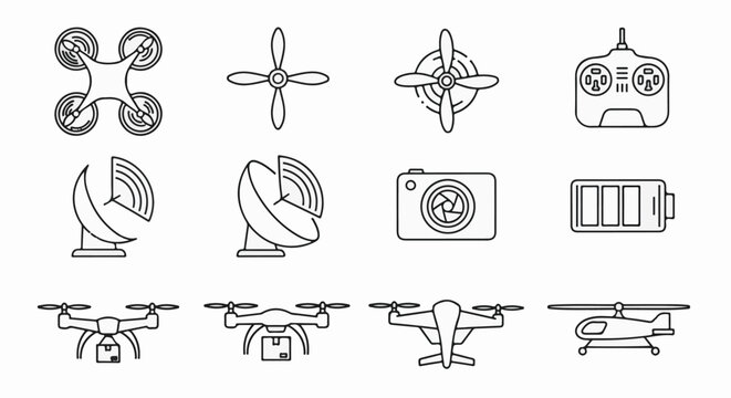Collection of drone and aerial vehicle line art icons