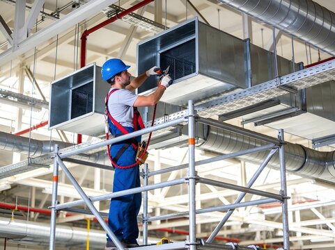 Professional HVAC Technician Installing Metal Ventilation Ducts in a Large Modern Industrial Warehouse