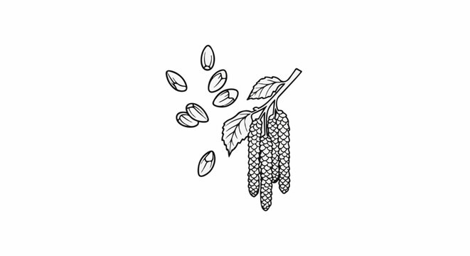 Line drawing of alder catkins and seeds on a white background
