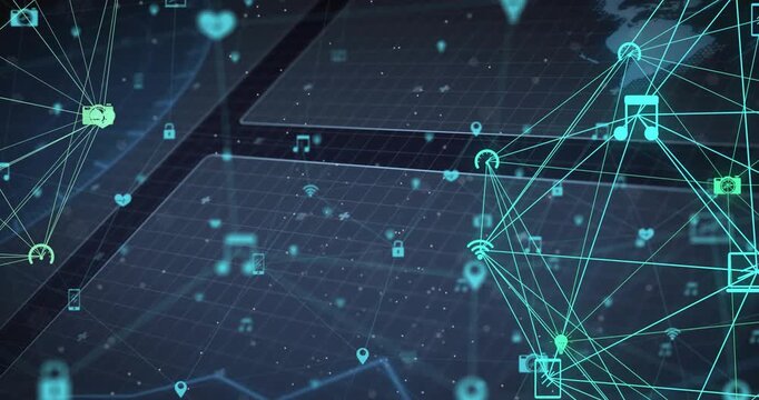 Floating icons drifting to grid spurring wireframe net pulsing and linking, showing tech data flow