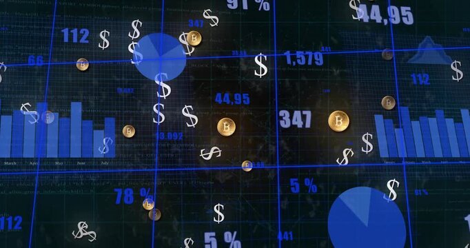 Finance dashboard on update showing floating dollar crypto coins over charts indicating flow