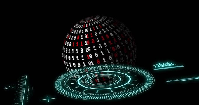 Sphere descending and rotating over tech HUD causing scanning rings and aligning binary for scan