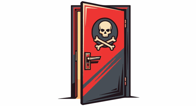 An open red door with a skull and crossbones symbol, warning of danger