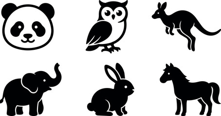 Fototapeta premium Silhouette art of panda owl rabbit kangaroo elephant and horse in black on white