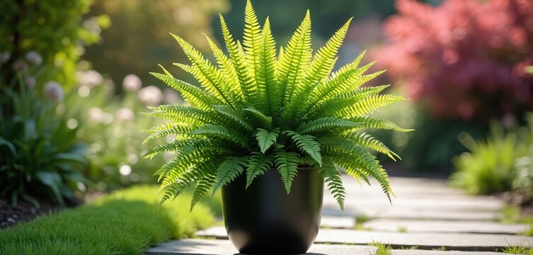 Potted Kimberly Queen fern with bright green foliage grows in garden pathway. Sunlight illuminates lush plant, creating peaceful outdoor ambiance. Natural scene with green grass and blurred flowers.