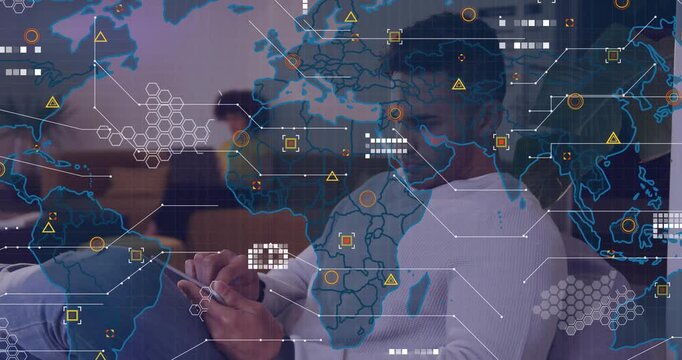 Man tapping tablet in lounge, starting faint map overlay growing into dense AR HUD, analyzing data