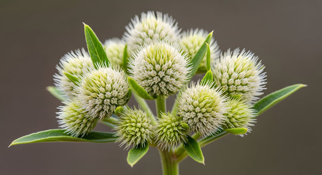 A close-up of a green plant with several white flowers