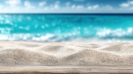 Obraz premium Close-up of soft sand dunes on a wooden surface with a blurred turquoise ocean and blue sky background.