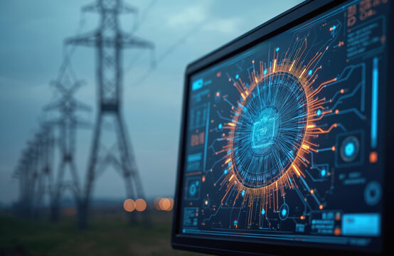 Computer screen shows glowing circuits, data near power transmission towers. Digital interface displays energy grid schematics for infrastructure management, system control. Futuristic tech analyses