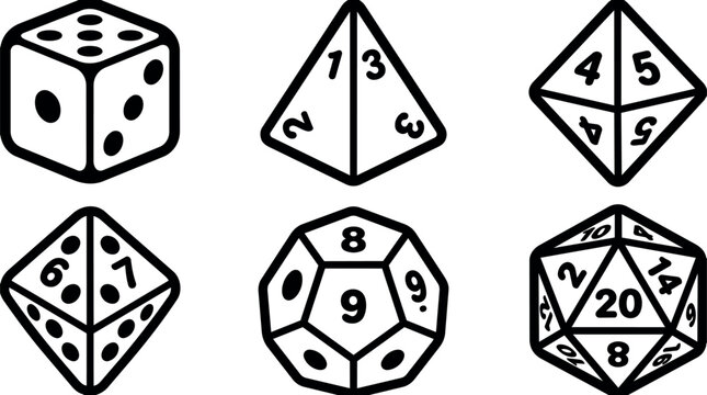 Dice collection with polyhedra and d20 in black and white