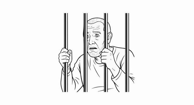 An expressive man grips prison bars, eyes wide with fear