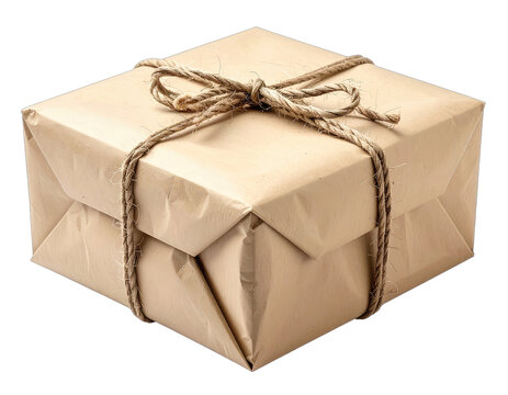 Square parcel wrapped in brown paper tied with twine on a transparent background
