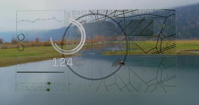 Man in boat drifting as HUD fading showing rotating gauge, numbers rising-falling monitoring lake