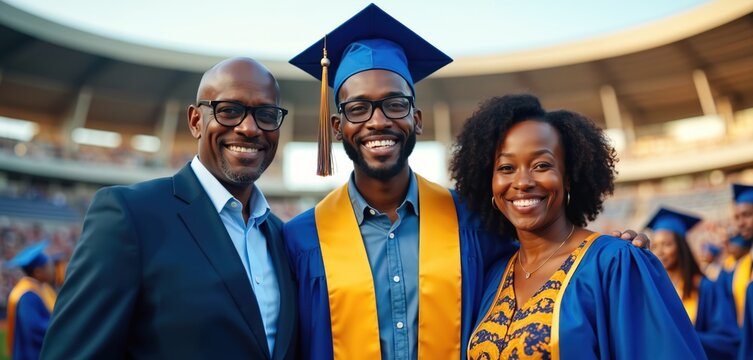 Proud African American parents with graduating son in blue and gold caps and gowns. Family smiles at outdoor stadium ceremony celebrating academic achievement. Milestone moment.