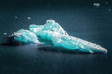 Turquoise glowing Iceberg floating quietly in a remote Alaskan Fjord Wilderness