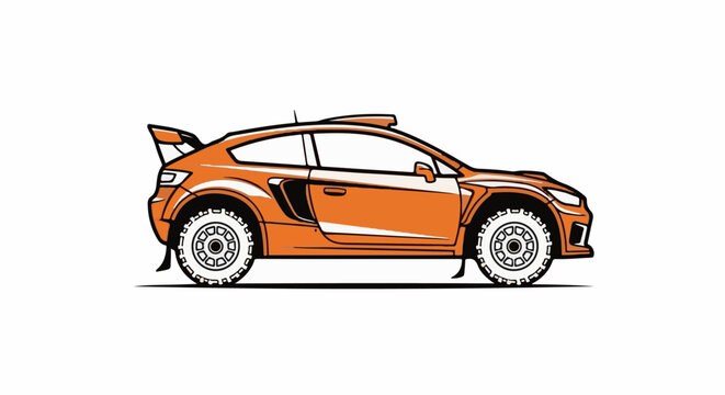 A stylized orange rally car with large tires and a spoiler