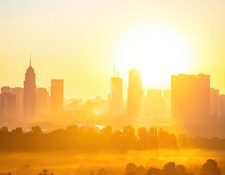 Sunrise Over City Skyline with Golden Light.