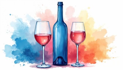 Fototapeta premium Blue bottle rose wine and two glasses on abstract colorful watercolor splashes background. Festive mood for celebration, party, or happy occasion.