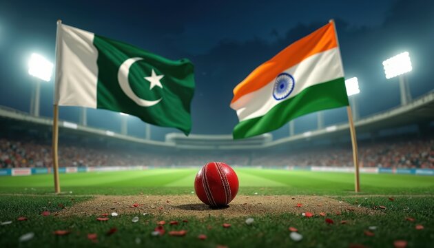 Cricket match between India and Pakistan flags waving in stadium under bright lights. Red cricket ball rests on grass pitch, signaling intense competition and national pride between rivals.