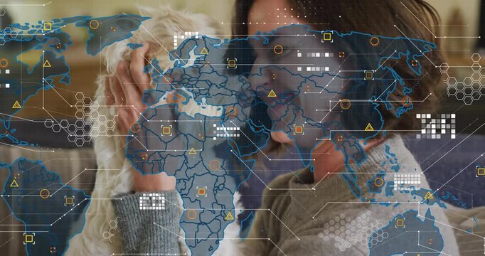 Woman bringing dog close and cradling head, initiating HUD world map growing data points for tech