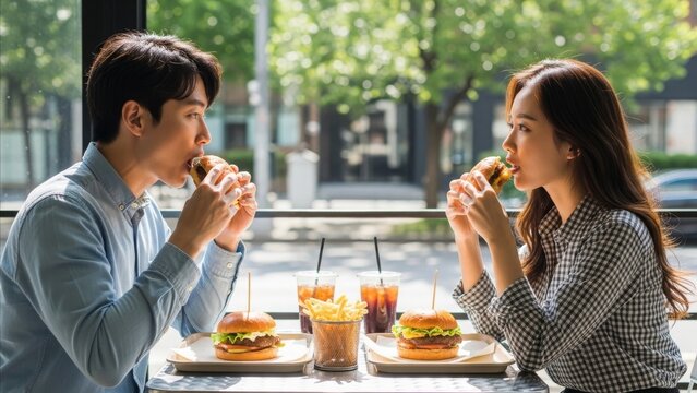 Young Asian couple enjoying hamburgers and cola drinks together at modern restaurant during casual lunch date