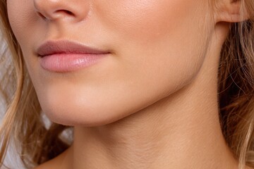 Obraz premium Close-up macro shot of a woman's flawless skin, lips, and neck, showcasing delicate texture and natural beauty.