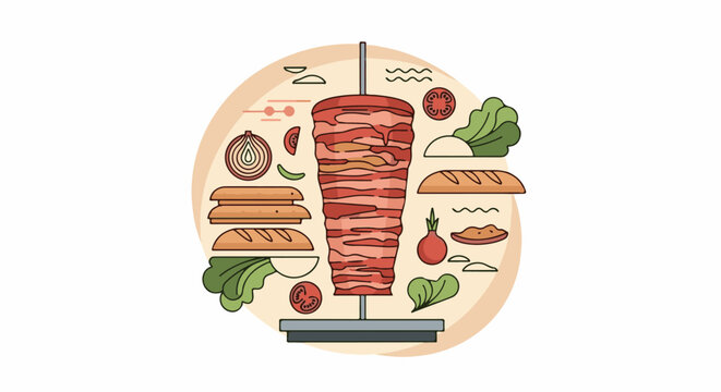 Sliced meat on a vertical spit with surrounding bread, onions, tomatoes, and lettuce