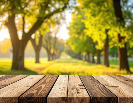 Wooden Table Surface with Blurred Green Park Background.