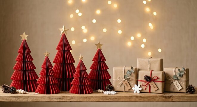 Decorative Red Christmas Trees and Wrapped Gifts with Star Lights.