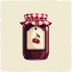 Obraz premium homemade cherry jam glass jar with checkered lid and paper label for food blogs, recipe websites, farmers market branding, pantry organization, and kitchen posters, with copy space