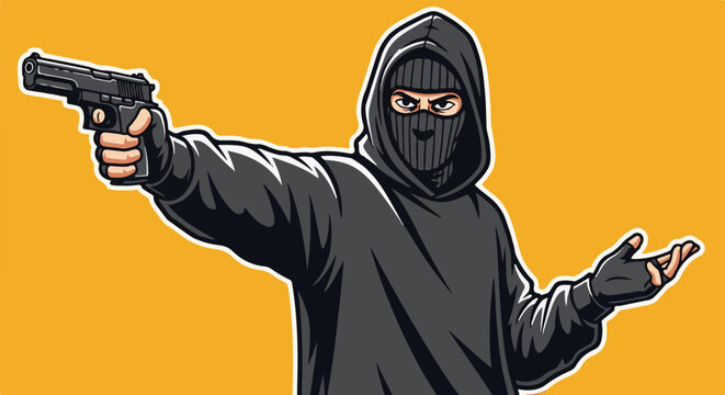 A hooded figure in a balaclava points a handgun forward with one hand extended