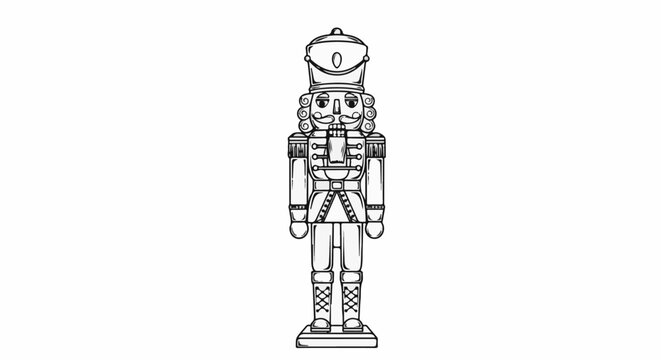 A line drawing of a nutcracker soldier with a stern expression