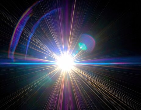 Bright White Light Burst with Colorful Lens Flare Effect.