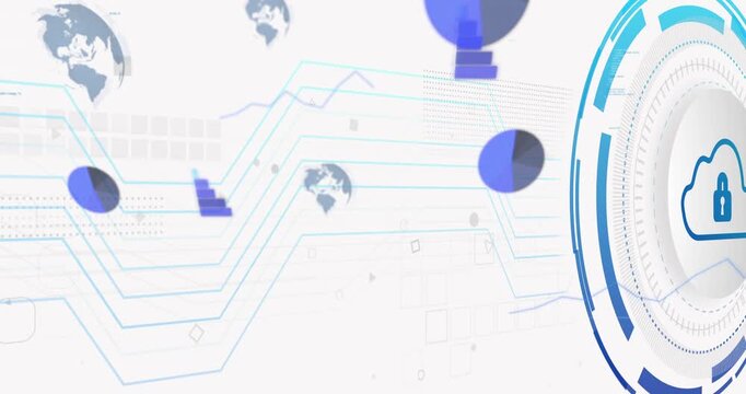 Cloud-lock interface emerging from right, rotating and stabilizing, securing cloud network lines