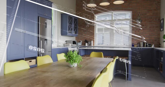 Animated overlay appearing and sweeping across wood table with yellow chairs, showing home design