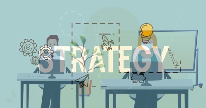 Vertical video: Two staff working STRATEGY forming animating rocket gears near heads for strategy