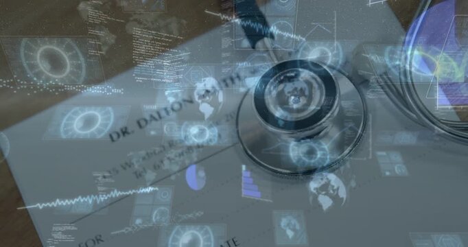 Camera focusing, stethoscope diaphragm moving onto Rx document on wood table, ECG traces appearing